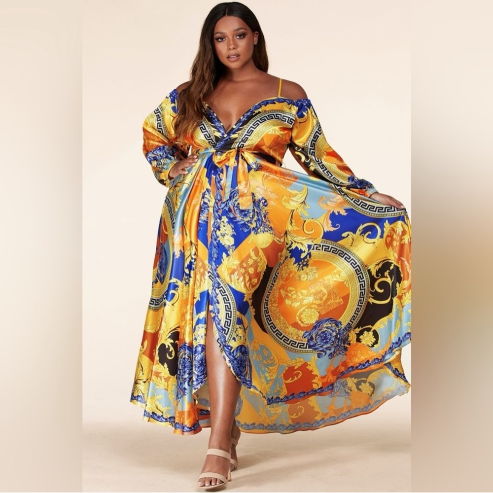 L'atiste Satin Dress with Waist Tie in Yellow Royal Blue and Black Design Print